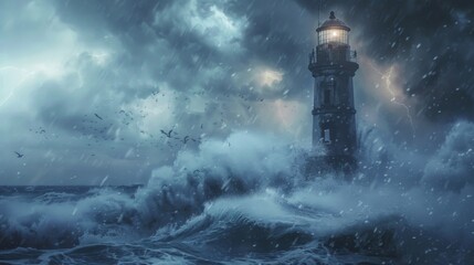 Lighthouse in the storm waves landscape illustration generated by ai