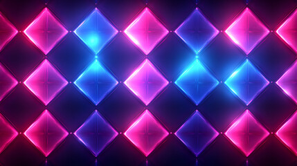 Obraz premium A vibrant display of glowing pink and blue diamond shapes arranged in a repetitive pattern against a dark background