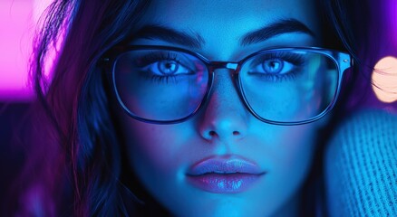 Fototapeta premium Close-up portrait of a woman with stylish glasses and vibrant neon lighting, showcasing beauty and eyewear fashion
