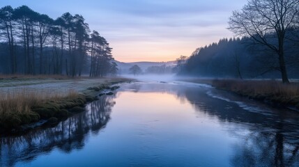 Fototapeta premium A tranquil river reflecting the soft colors of dawn, surrounded by misty trees and a peaceful landscape.