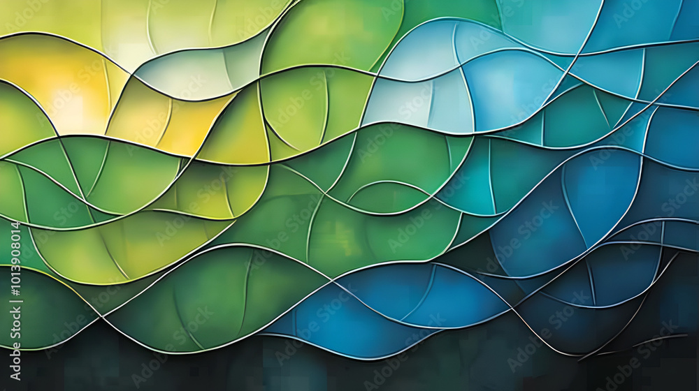 Poster abstract waves of green and blue colors layered in a dynamic design, creating a sense of movement an