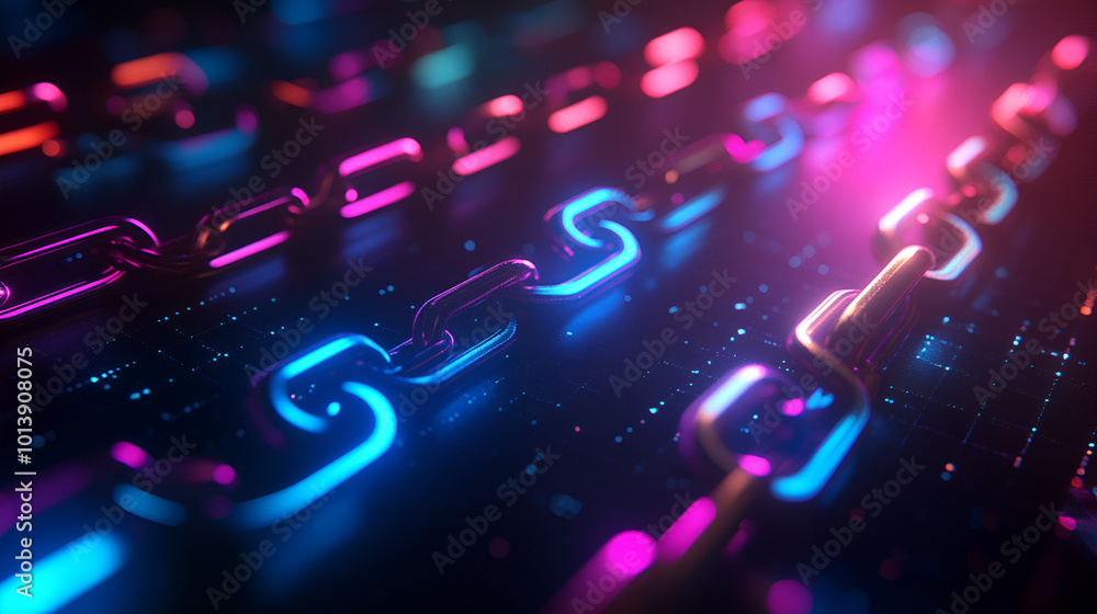 Poster a close-up view of vibrant digital chains illuminated in blue and pink lights on a dark background i