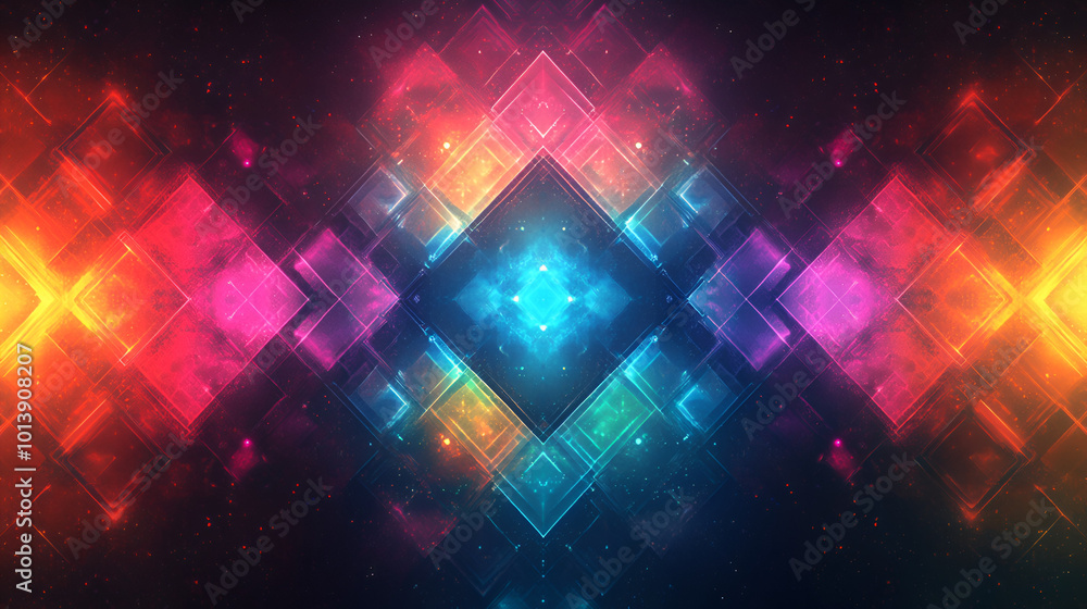 Poster colorful geometric patterns create a vibrant abstract design with glowing effects in a digital art c