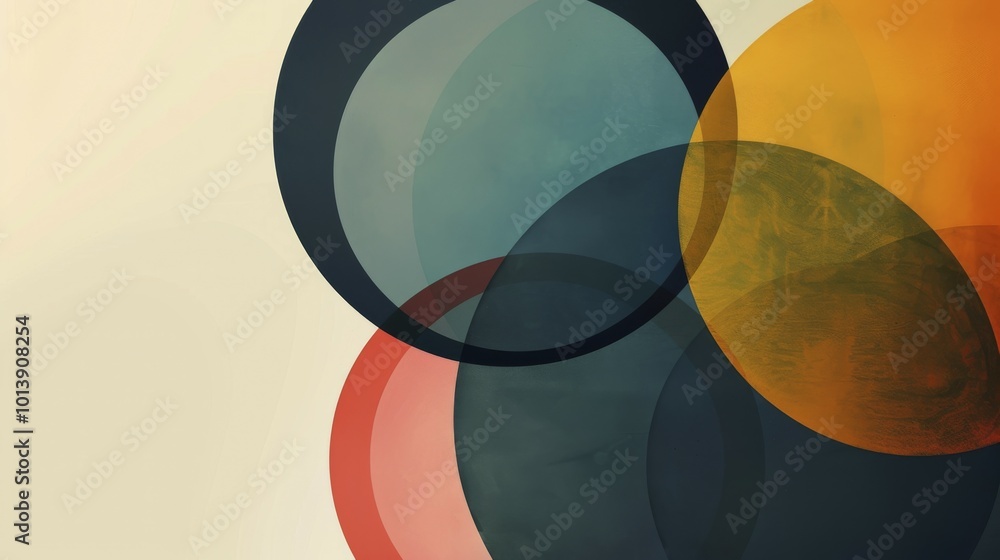 Poster overlapping circles in dark blue, green, orange, and red on a light background with gradient and tra