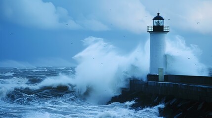 Obraz premium Lighthouse in the storm waves landscape illustration generated by ai