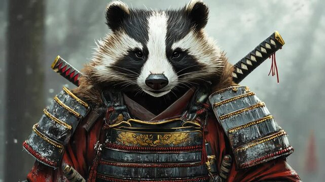 A raccoon wearing samurai armor stands in a snowy forest