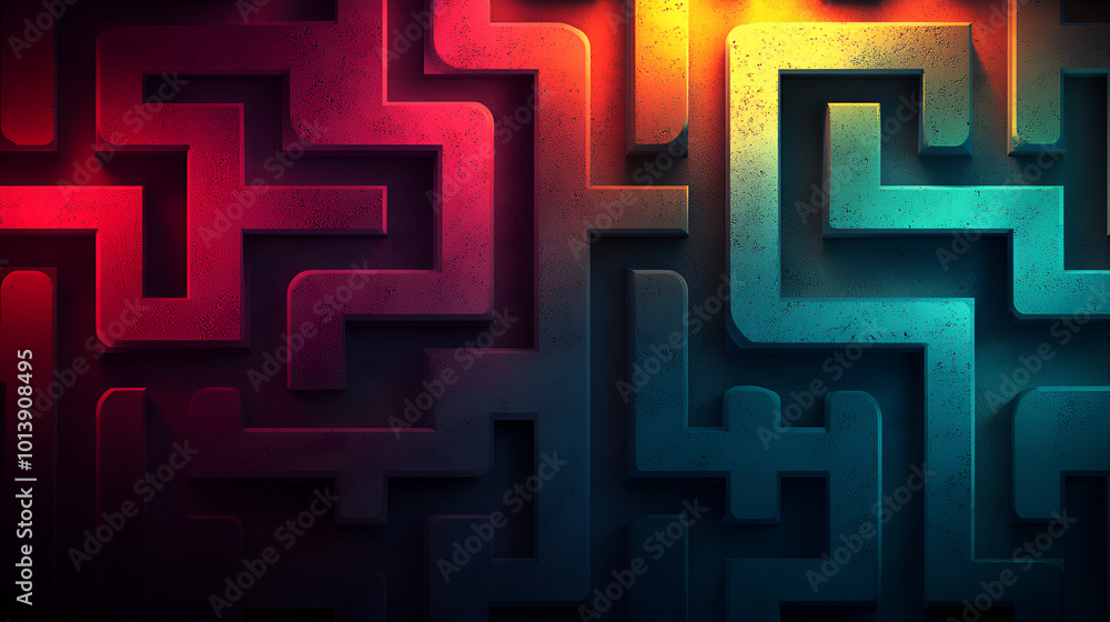 Aufkleber colorful geometric maze design on a textured background with illuminated edges creating a captivatin