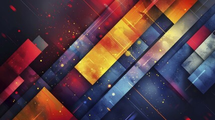 Dynamic abstract composition featuring colorful geometric shapes such as squares and rectangles in red, yellow, and blue, AI generated