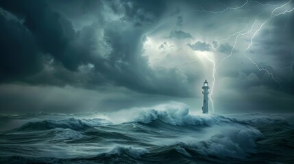 Fototapeta premium Lighthouse in the storm waves landscape illustration generated by ai