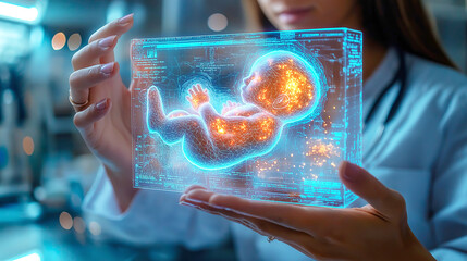 Futuristic holographic medical imaging of developing baby in doctor's hands
