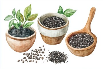 Organic chia set. Hand drawn watercolor illustration, isolated on white background 