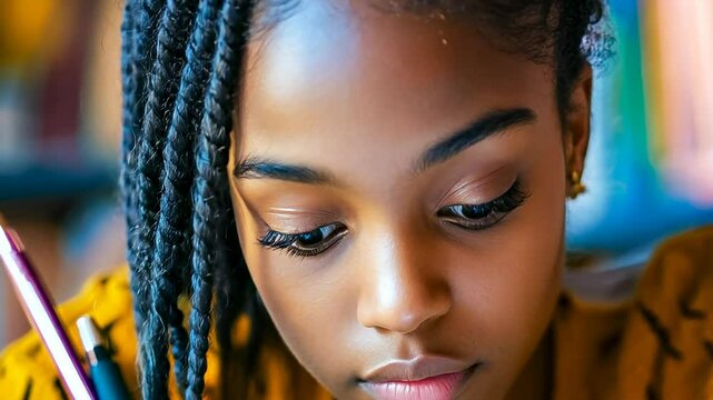 An adolescent Black girl in a yellow sweater concentrates intently on writing with a pen, suggesting a studious atmosphere in a classroom. Her braided hair frames her focused expression. The warm