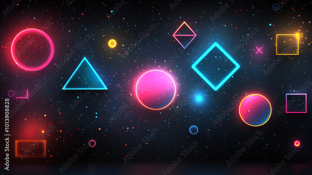 Poster colorful geometric shapes and neon lights create a captivating visual display against a dark starry 