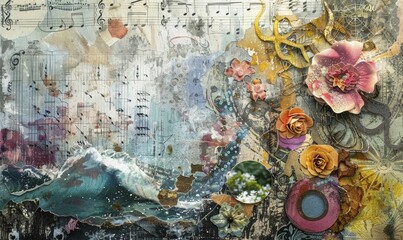 Fototapeta premium A mixed media art piece with musical notes, abstract waves, and flowers, creating a vibrant and textured composition AI generated