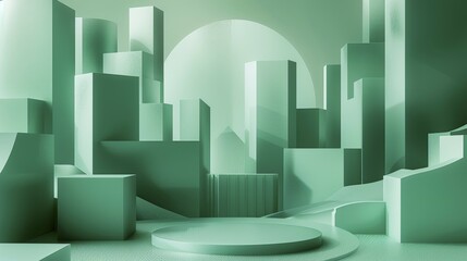 Futuristic cityscape with green geometric shapes and spheres creating a modern abstract scene, AI generated
