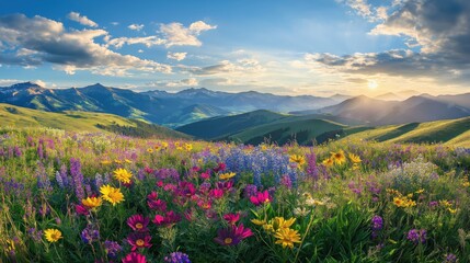 Obraz premium A vibrant field of wildflowers blooming in a scenic mountain landscape during sunset.