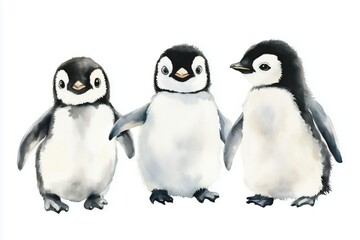 Obraz premium Penguins an isolated white background, watercolor illustration, cute baby penguin