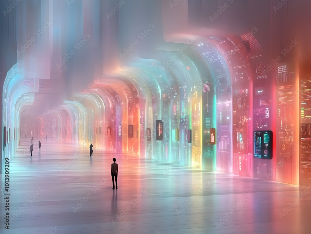 Poster expansive digital realm of holographic data streams abstract data visualization luminescent geometri