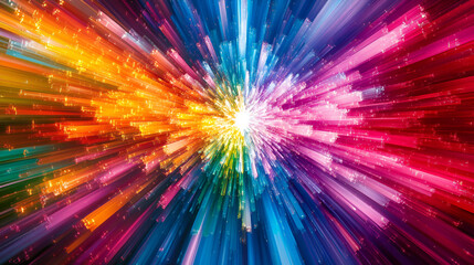 Colorful burst of light radiating from the center with vibrant hues in an abstract digital artwork created in a modern artistic style