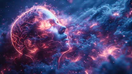 Surreal Glowing Human Head in Cosmic Cloudscape
