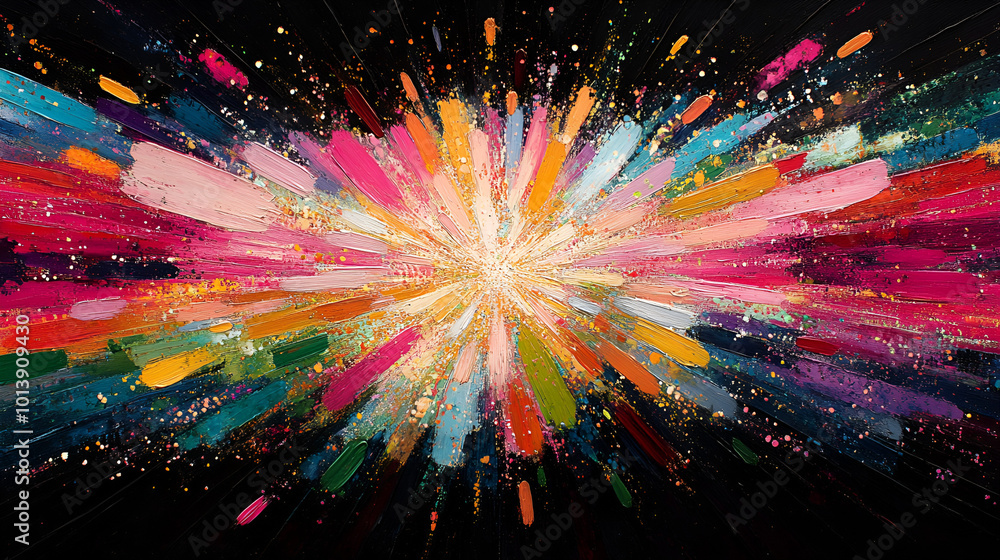 Poster vibrant abstract explosion of color radiating from the center against a black background, showcasing