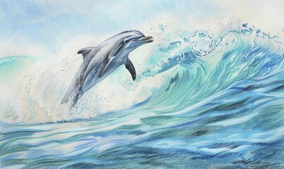 Fototapeta premium A dolphin gracefully leaps out of the ocean, surrounded by splashing waves under a clear blue sky AI generated