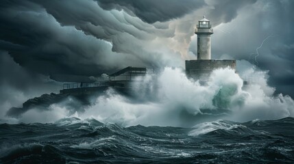 Lighthouse in the storm waves landscape illustration generated by ai