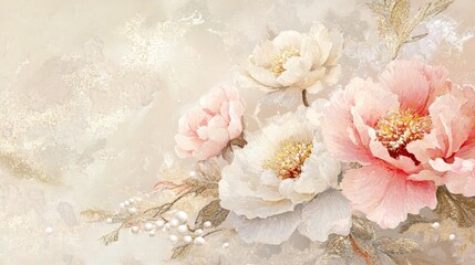 A delicate arrangement of pink and white peonies with pearl accents on a textured beige background.