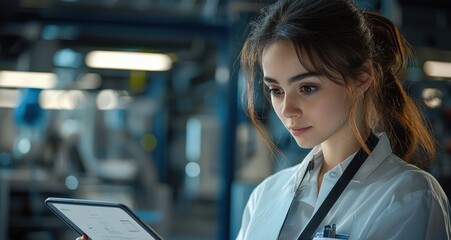 Young female data scientist analyzing data on a tablet in a modern industrial setting