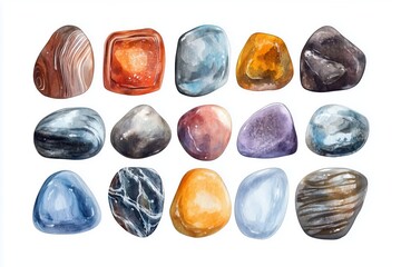 Stones set. Hand drawn watercolor illustration isolated on white background