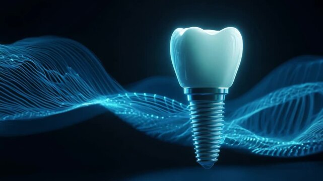 This dental implant showcases innovative design against a vibrant blue backdrop, highlighting advancements in oral health technology