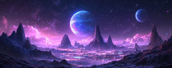 Fototapeta premium Futuristic cityscape on an alien planet with neon-blue elements against a dramatic cosmic sky