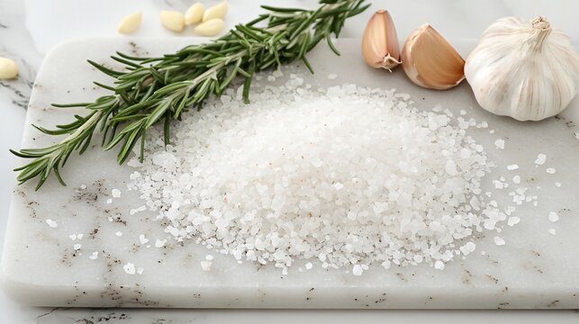 Coarse kosher salt scattered on a marble board, isolated with decorative rosemary sprigs and garlic cloves