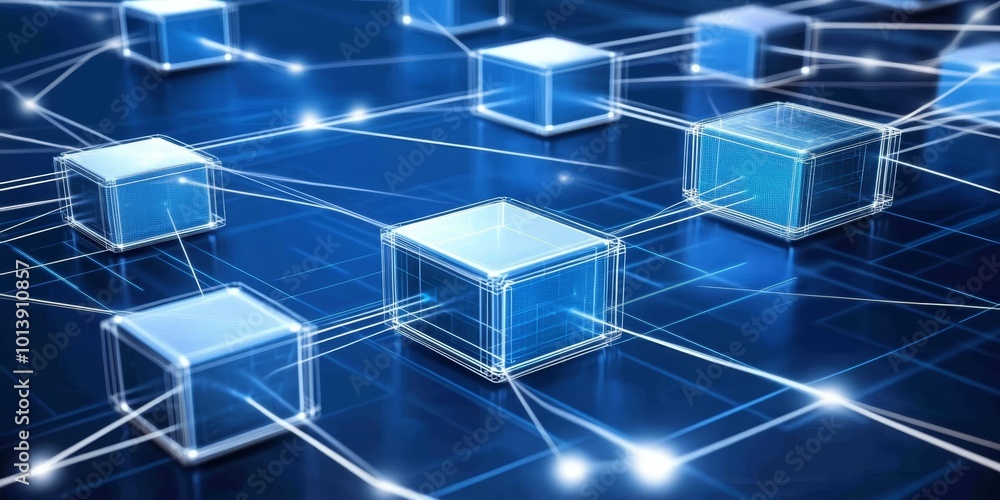 Leinwandbilder Blockchain Visualization: Create an image showing a digital chain of blocks interconnected, symbolizing the structure of blockchain technology.