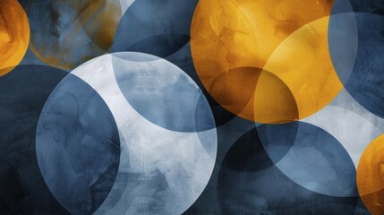 Overlapping circles in shades of blue, yellow, and white on a dark background with gradient and transparency effects, AI generated