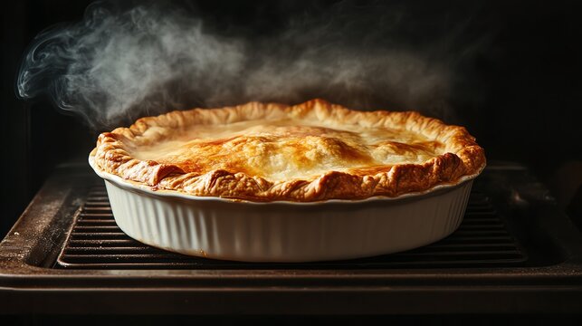 A pie in the oven with golden crust forming, soft smoke swirling as it cooks to perfection Baking pie, Homecooked warmth