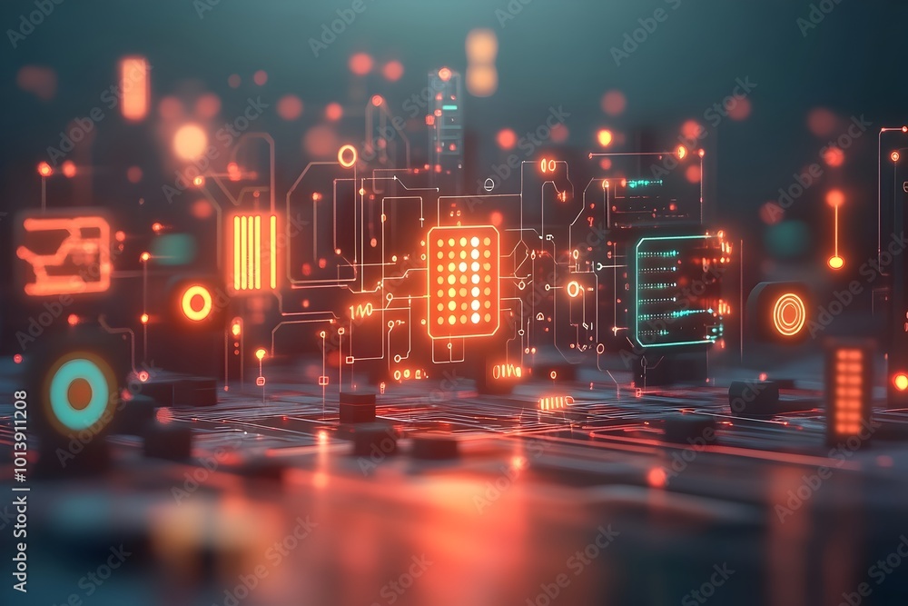 Poster glowing digital landscape with interwoven circuits and binary patterns cutting edge technology motif