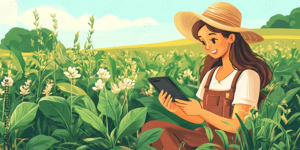 Poster IoT in Agriculture: Depict a farmer using IoT devices in a field, monitoring crops and soil conditions with a tablet or smartphone.