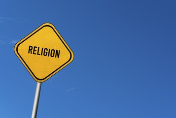 Fototapeta premium Religion, yellow sign with blue sky