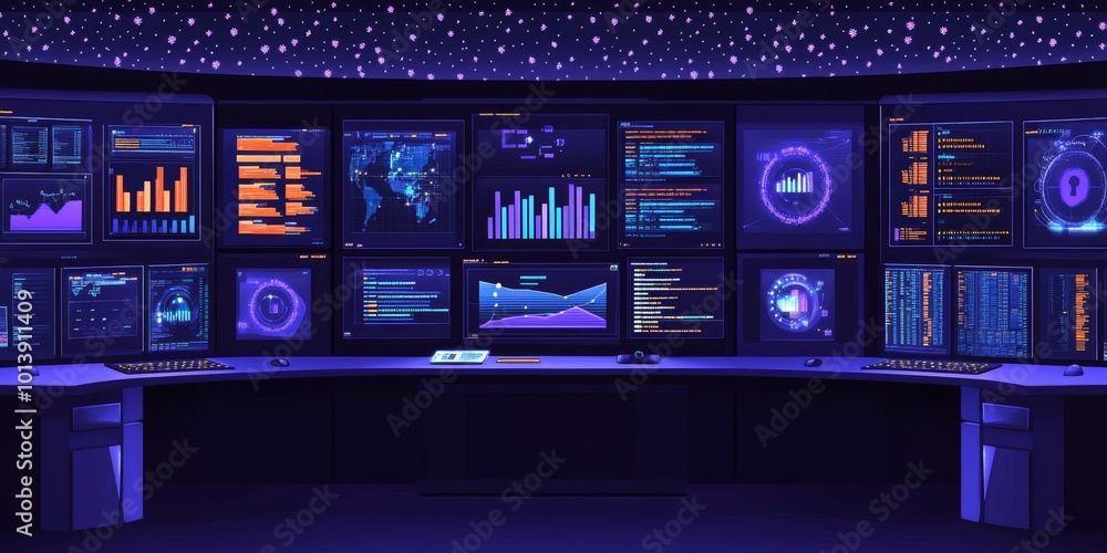 Aufkleber Data Protection Measures: Create an image of a cybersecurity professional monitoring multiple screens displaying security alerts and data breaches.