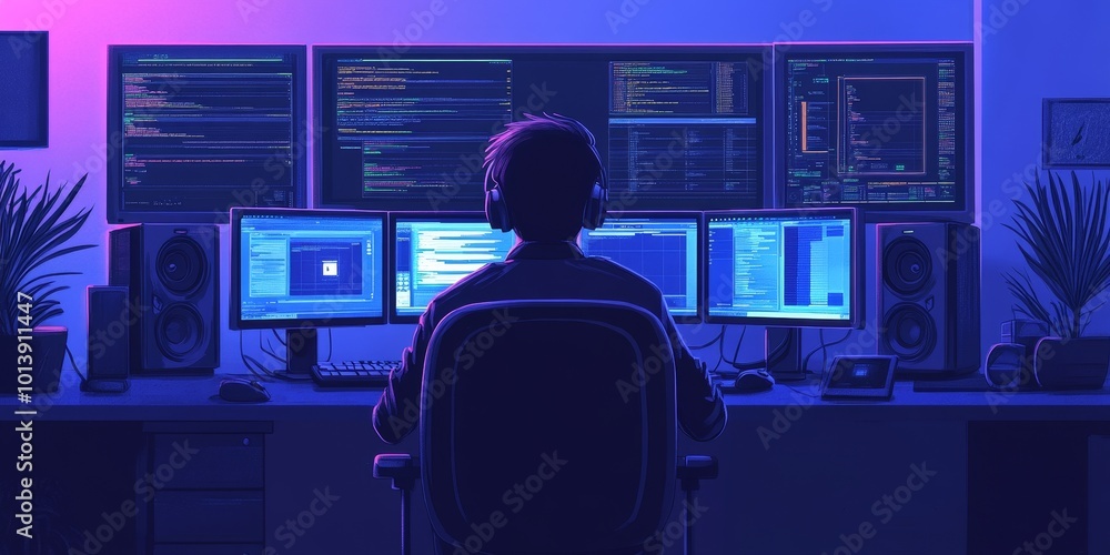 Leinwandbilder Data Protection Measures: Create an image of a cybersecurity professional monitoring multiple screens displaying security alerts and data breaches.