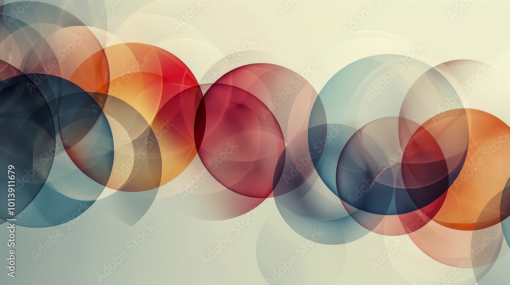 Poster abstract overlapping circles in red, blue, and orange on a light background with transparency and gr