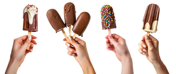 Collection set of hand holding Chocolate dipped covered popsicle lolly ice cream on transparent background cutout, PNG file. Many different flavour. Mockup template for artwork graphic design

