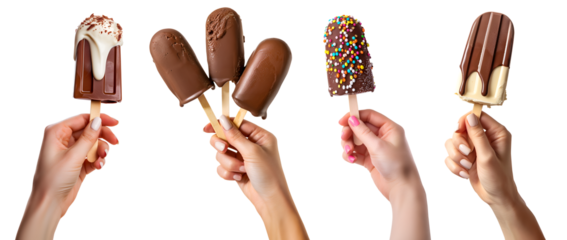 Collection set of hand holding Chocolate dipped covered popsicle lolly ice cream on transparent background cutout, PNG file. Many different flavour. Mockup template for artwork graphic design

