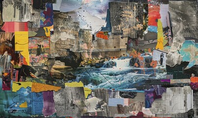 Fototapeta premium Abstract mixed media collage featuring a waterfall, textures and vibrant colors creating a chaotic yet artistic atmosphere. AI generated