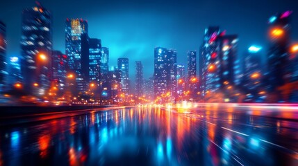 A city skyline at night with blurred lights from cars on a wet road.