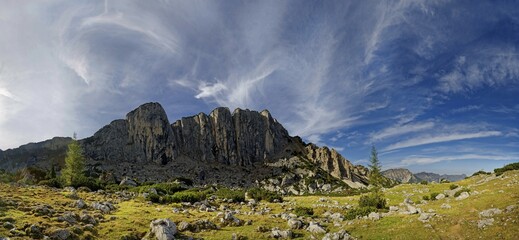Panorama of the Klobenjoch north face with foehn clouds, Kotalm, Rofan Mountains, Tyrol, Austria, Europe