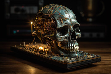 Realistic robot or cyborg skull with electric circuits and futuristic micro chips