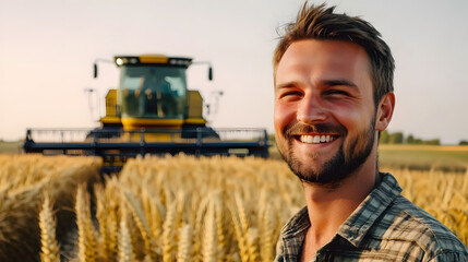 A man is smiling in front of a combine harvester