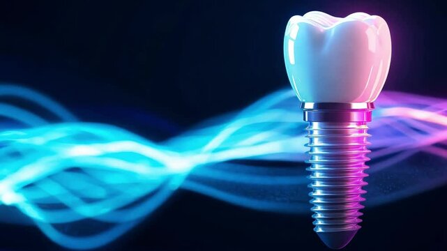 A dental implant with a glossy white crown is showcased against vibrant neon light waves, highlighting advanced dental technology